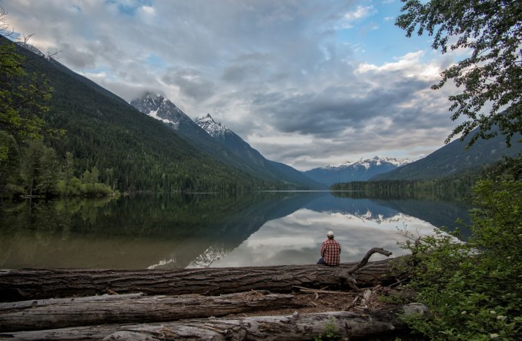 man sitting on a fallen tree branch looking out at a river and mountains