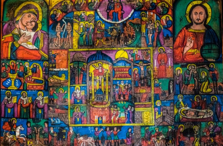 colorful and old wall mural of orthodox church iconic-like images